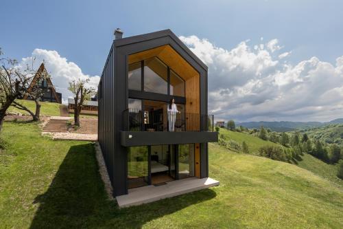 a black house on a hill with a person standing on a balcony at Amont Chalet in Peştera