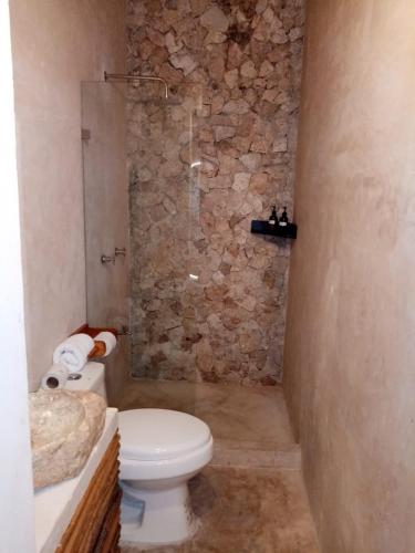 a bathroom with a toilet and a stone wall at Hotel Boutique Refugio 41 in Valladolid