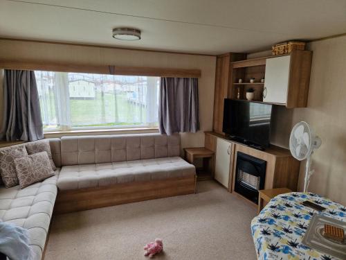ein Wohnzimmer mit einem Sofa und einem TV in der Unterkunft Woods caravan in Ingoldmells