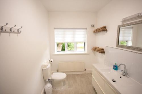 a white bathroom with a toilet and a sink at Salamander Guest House in Stratford-upon-Avon