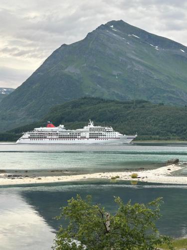 een cruiseschip in het water met een berg bij Sand Beachhouse 