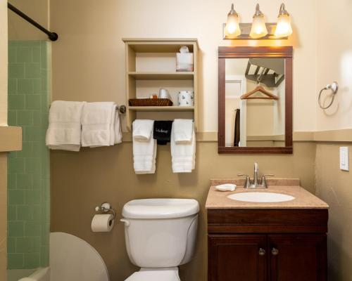 a bathroom with a toilet and a sink and a mirror at Prescott Pines Inn in Prescott