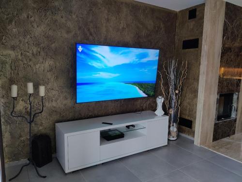 a living room with a flat screen tv on a wall at Bungalov Valentýna in Mikulov