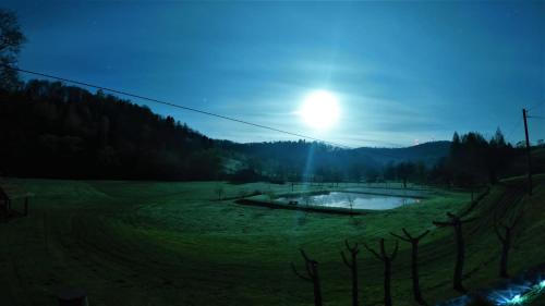 een vijver in een veld met de zon in de lucht bij Agroturystyka "U Macieja" in Teleśnica Oszwarowa