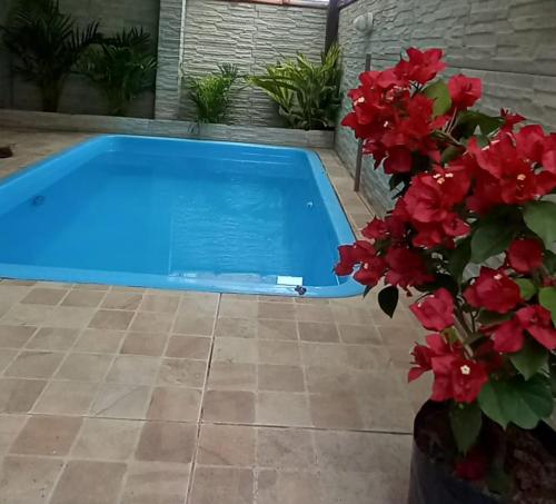 einen Pool mit roten Blumen im Hof in der Unterkunft Cantinho feliz de Muriqui/ Casa verde com piscina privativa!!! in Mangaratiba