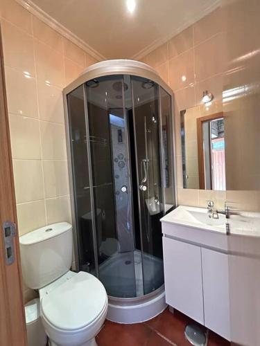 a bathroom with a shower and a toilet and a sink at Casa da Vila - Vilar Maior, Sabugal in Vilar Maior