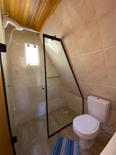 a small bathroom with a toilet and a shower at Pousada Sítio Elias - Chalé 1 in Louro Müller