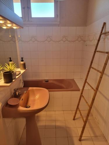 a bathroom with a tub and a sink and a ladder at La maison d’Emilie in Margès