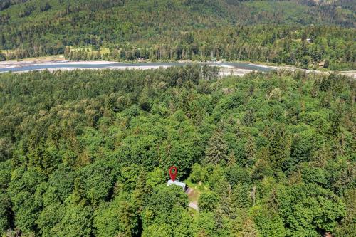 an aerial view of a forest with a red tower at Avlägsen Chalet in Deming