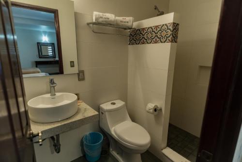 a bathroom with a sink and a toilet and a mirror at Hotel Alcazar - Guadalajara Centro Historico in Guadalajara