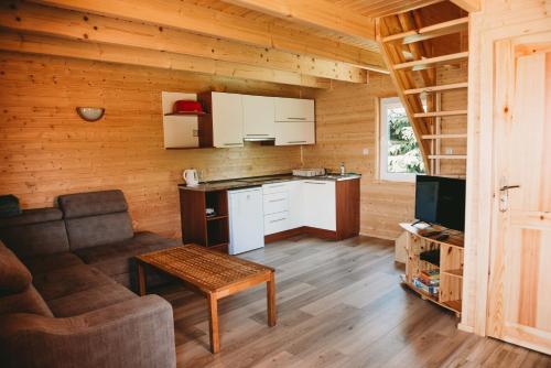 a kitchen and living room in a log cabin at Domki U Edzia in Kopalino