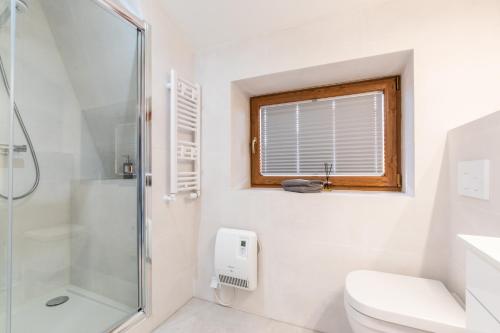 a bathroom with a shower and a toilet and a window at Apartament Carmen in Mikołajki