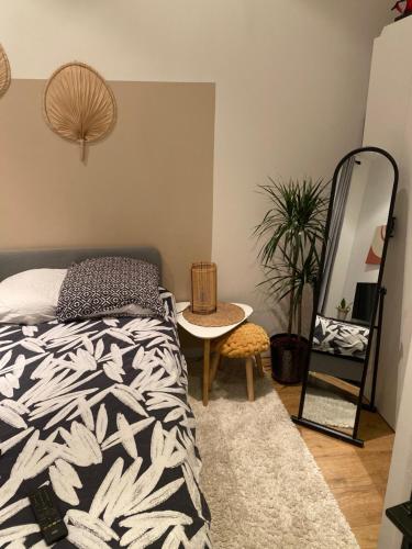 une chambre avec un lit, un miroir et une table dans l'établissement Appartement rue de Javel, à Paris