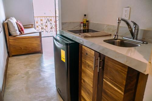 een keuken met een wastafel en een koelkast bij Hotel de Asis in San Francisco