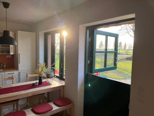 een kamer met een keuken met een raam en een tafel bij Broockhof Ferienwohnung unterm Sternenhimmel in Mecklenburg in Reimershagen