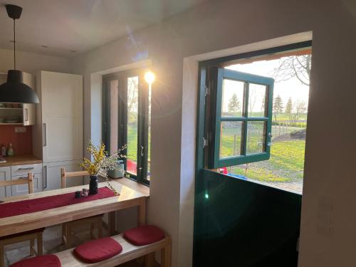 a room with a kitchen with a window and a table at Broockhof Ferienwohnung unterm Sternenhimmel in Mecklenburg in Reimershagen