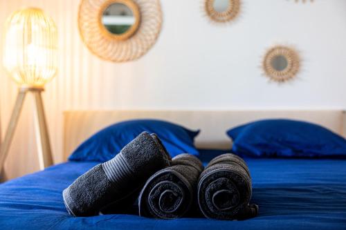 - 2 serviettes enroulées au-dessus d'un lit dans l'établissement Studio charmant & champêtre, à Auch