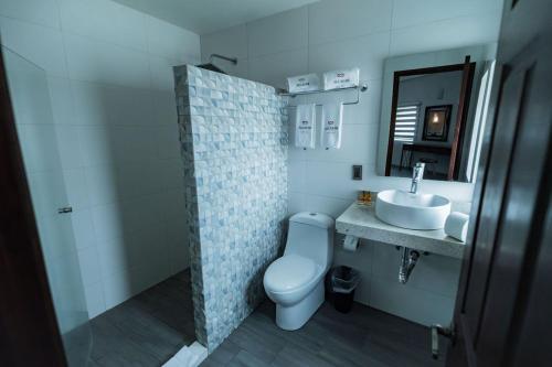a bathroom with a toilet and a sink at Hotel Alcazar - Guadalajara Centro Historico in Guadalajara
