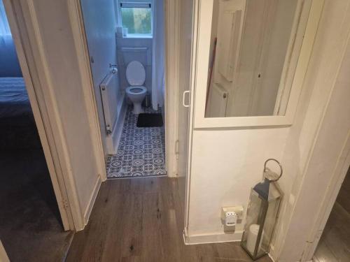 un corridoio che conduce a un bagno con servizi igienici di Cosy one bed flat a Woodford