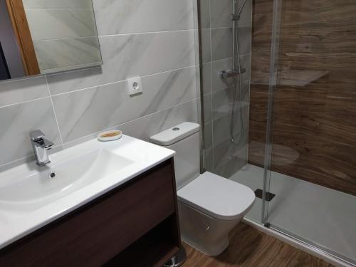 a bathroom with a toilet and a sink and a shower at O SEGREDO DA CORUXA in Vilariño