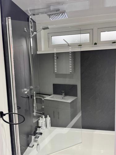 a bathroom with a shower and a sink and a mirror at Dolphin view in Spittal