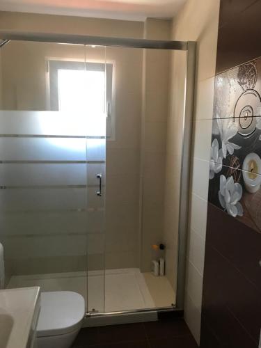 a bathroom with a glass shower with a toilet at Vivienda vacacional Josver in Benicàssim