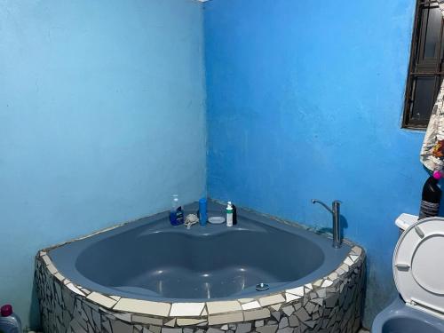 a blue bathroom with a large tub with a toilet at Mary's Crip in King Williamʼs Town