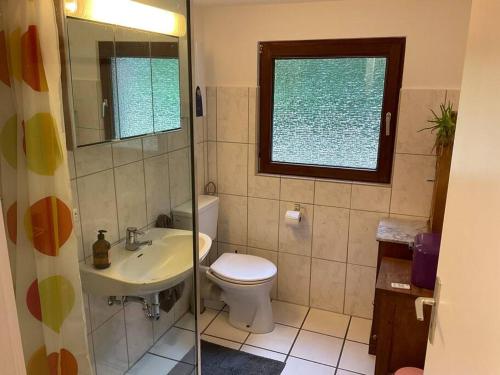 uma casa de banho com um WC, um lavatório e uma janela em Wohnung in idyllischem Örtchen em Meschede