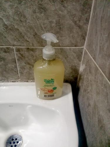 a bottle of detergent sitting on top of a bathroom sink at Casa Hospedaje - H in Bogotá
