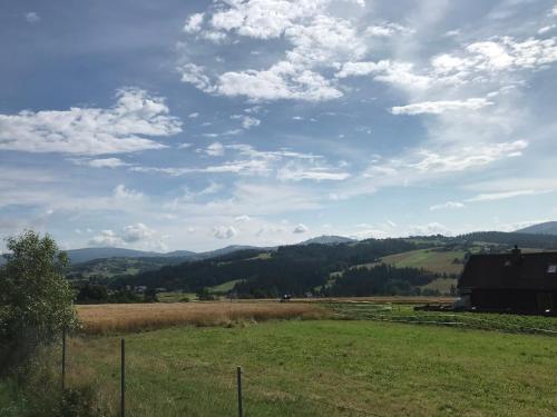 a view of a field with mountains in the background at Domek do wynajęcia SkoSki in Jaworzynka