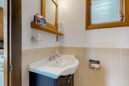 King Birch Lake Home, Unit 10 في Alton: حمام مع حوض ومرآة