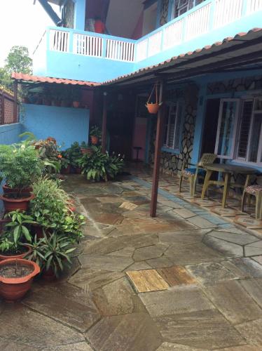 une terrasse en face d'une maison ornée de plantes dans l'établissement Evergreen guest house, à Pokhara