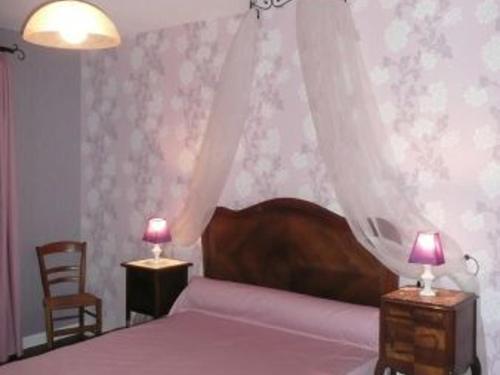 a bedroom with a bed with a canopy and two lamps at Gîte moderne avec billard et poêle à bois, proche de Mirecourt et Vittel, animaux bienvenus - FR-1-589-180 in Velotte-et-Tatignécourt
