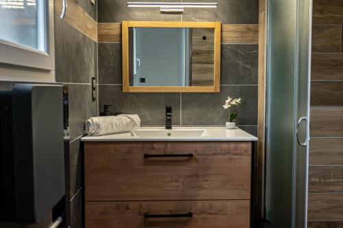 a bathroom with a sink and a mirror at Escapade Mauriennaise in Saint Avre la Chambre