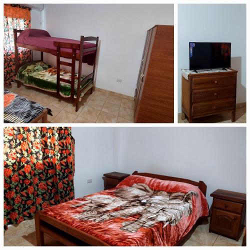 2 fotos de un dormitorio con cama y escritorio en Harapy y Naipy en Puerto Iguazú