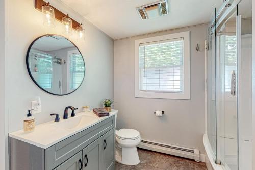 bagno con lavandino, servizi igienici e specchio di Big Birch a Gray