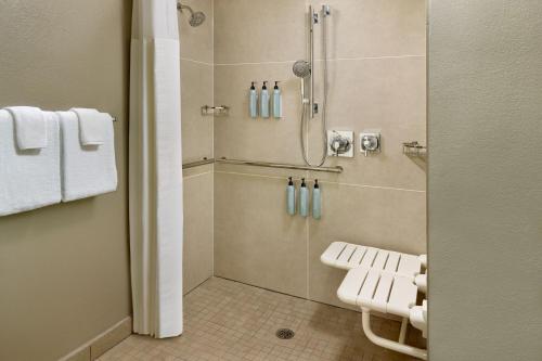 a bathroom with a shower with a bench in it at Courtyard by Marriott Atlanta Executive Park/Emory in Atlanta