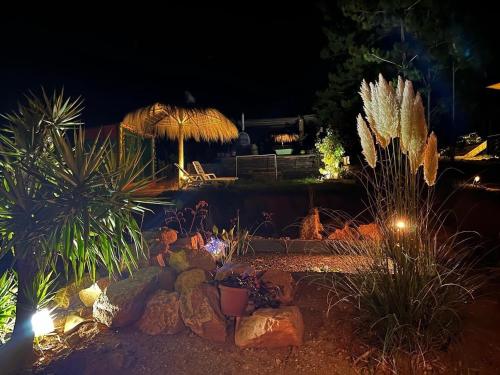 un giardino di notte con ombrellone e piante di OASIS PICHILEMU DOMO a Rinconada El Sauce