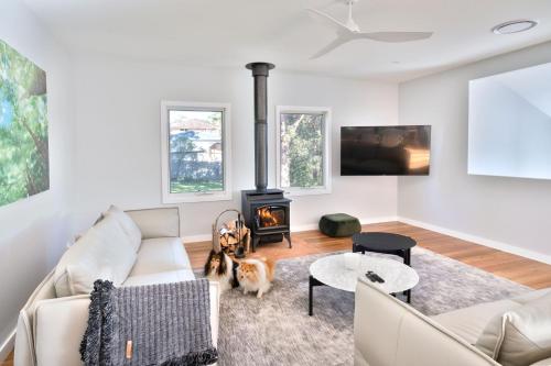 a living room with a couch and a stove at Coastal, Pet-Friendly Luxe in Narrawallee