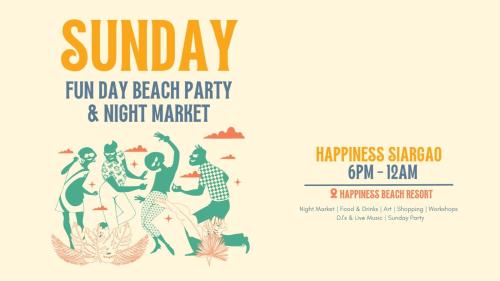 a flyer for a fun day beach party and night market with a group of people at Happiness Hostel Siargao in General Luna