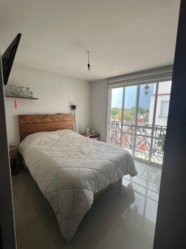 a bedroom with a bed and a large window at Departamento en Coyoacan in Mexico City