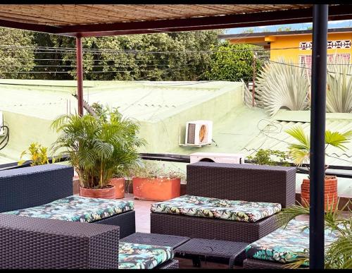 un patio con sillas de mimbre y macetas en Hotel Madrid Deluxe Neiva, en Neiva