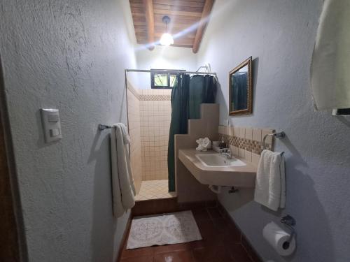 W łazience znajduje się umywalka i prysznic. w obiekcie Casa Rosada Nosara w mieście Nosara