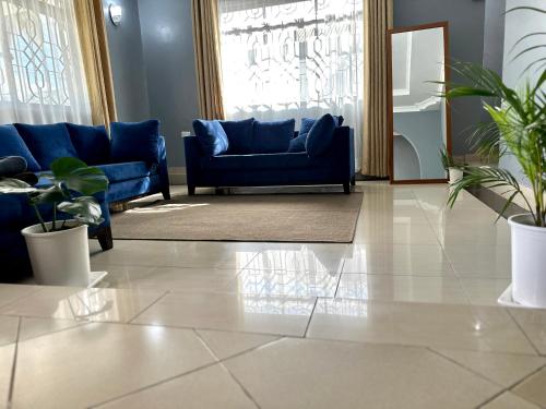 uma sala de estar com sofás azuis e vasos de plantas em Sally's home-near JNIA airport em Dar es Salaam