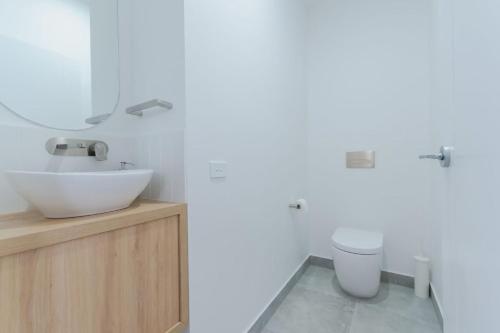 a bathroom with a sink and a toilet at Palm Tree Retreat in Mollymook