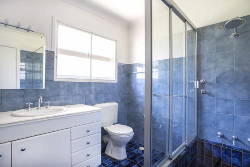 Un baño con inodoro, lavabo y ducha. en Surf & Turf Retreat, en Mollymook