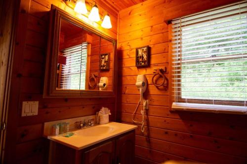 a bathroom with a sink and a mirror at Smoky Waters Chalet in Sevierville