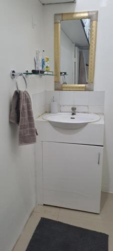 a bathroom with a white sink and a mirror at ABM Court Apartments in Nadi