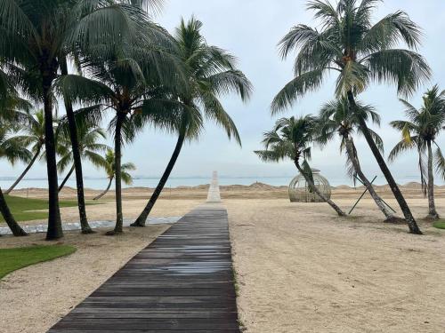 un chemin en bois sur une plage bordée de palmiers dans l'établissement Forest city Ataraxia park homestay, à Johor Bahru
