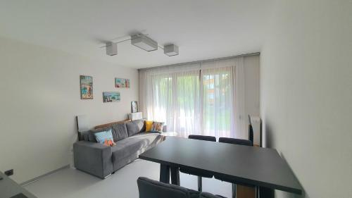 ein Wohnzimmer mit einem Tisch und einem Sofa in der Unterkunft Silver DeLux Apartman in Balatonfüred